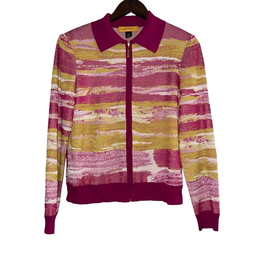 St John Santana Knit‎ Zip Jacket Pink Yellow Stripe Wool Blend Size S dopamine - Picture 2 of 7
